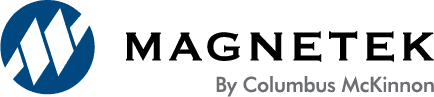 Logo of Magnetek by Columbus McKinnon, featuring a blue circular icon with white geometric shapes, next to the word MAGNETEK in bold black letters and By Columbus McKinnon in gray text below.