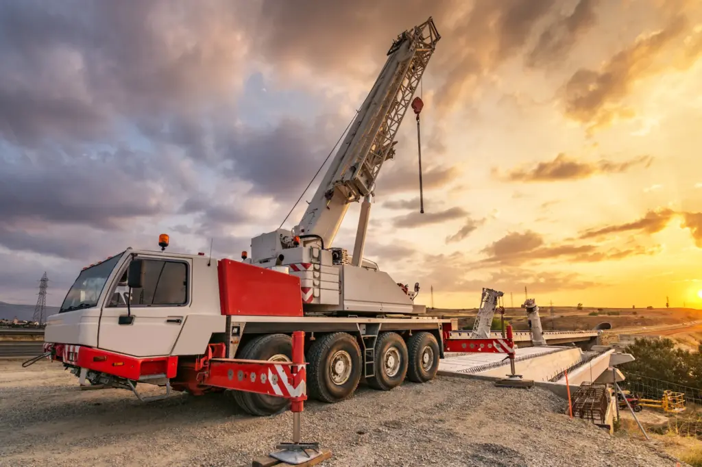 A large mobile crane with an extended boom is stationed on a construction site at sunset, with the sky partly cloudy and beams of sunlight in the background.