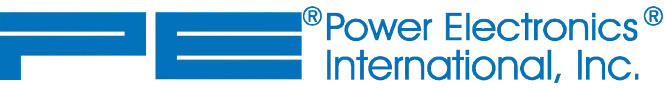 Logo of Power Electronics International, Inc. featuring stylized blue letters PE on the left and the company name in blue text on the right, with registered trademark symbols.